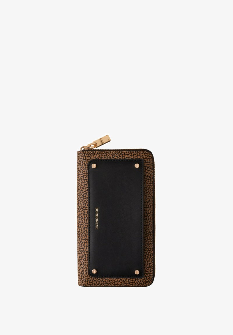 Black leather wallet with a textured brown base, featuring gold hardware accents, a zip closure, and a prominent logo on the front.