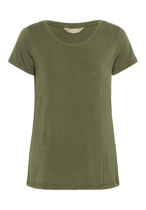 Olivgrünes T-Shirt mit kurzen Ärmeln aus weichem Stoff, mit einem runden Halsausschnitt und einer lockeren Passform, sowie dezenten seitlichen Nahtdetails.