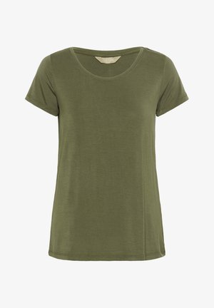 Olive rohelise värvi lühikeste varrukatega T-särk, mis on valmistatud pehmest kangast, ümmarguse kaelusega ja vaba lõikega, kerge külgpinna detailiga.
