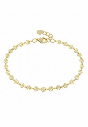 Gold chain bracelet with small round sunburst-patterned links and a lobster clasp closure with adjustable extender chain.