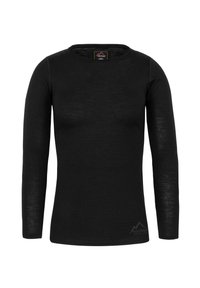 Schwarzes Langarmshirt aus weichem, strukturiertem Stoff. Mit rundem Halsausschnitt und einem Logo auf der rechten Unterseite.