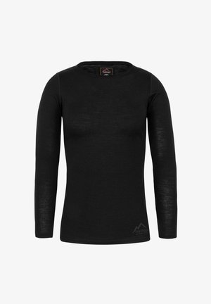 Black long-sleeve shirt made of soft, textured fabric. Features a round neckline and a logo on the bottom right side.