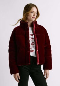 Bordeauxrode fluwelen pufferjas met een hoge kraag, drukknoopsluiting en een doorgestikte structuur. Gecombineerd met een witte T-shirt met print en zwarte broek.