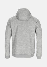 Grauer Hoodie aus strukturiertem, gemarltetem Stoff. Mit hohem Kragen, Raglanärmeln und einem Logo am unteren Vorderteil. Einfaches, modernes Design.