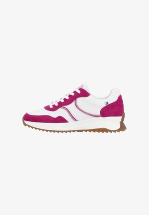 Sneakers featuring a white leather upper with pink suede accents, textured rubber sole, and lace-up design. Distinct zigzag stitching detail.