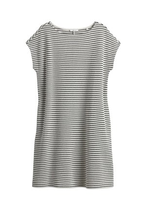 Vestito a maniche corte, lunghezza al ginocchio, con righe zigzag orizzontali nere e bianche e scollo rotondo, mostrato disteso su sfondo bianco.