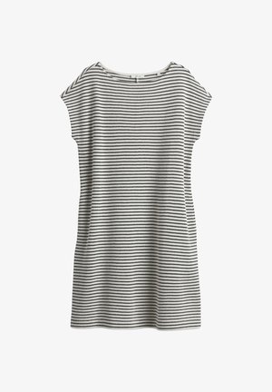 Vestito a maniche corte, lunghezza al ginocchio, con righe zigzag orizzontali nere e bianche e scollo rotondo, mostrato disteso su sfondo bianco.