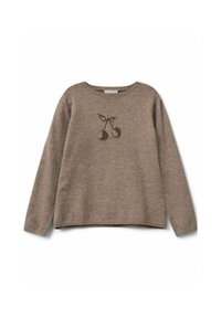 Bruine gebreide trui met lange mouwen, ronde halslijn en een kersenmotief in donkerbruin dat in het midden op de voorkant is geplaatst. Geribbelde zoom en manchetten.