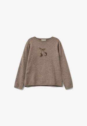 Pull en tricot marron à manches longues, décolleté rond, avec un design de cerise en marron plus foncé centré sur le devant. Ourlets et poignets côtelés.