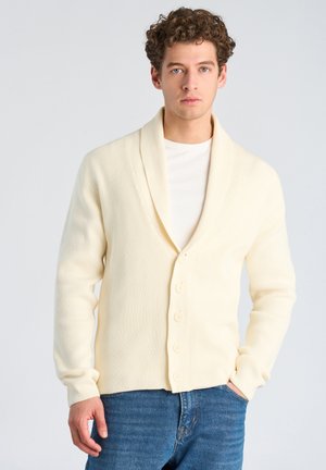 Giovane uomo con capelli ricci che indossa un cardigan crema abbottonato sopra una camicia bianca e jeans blu, in piedi con una mano in tasca.