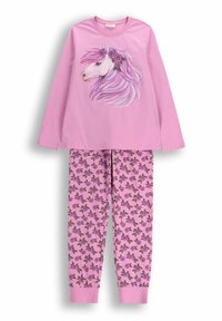 Różowy komplet piżam z długim rękawem z głową jednorożca i różami na górze, pasujące spodnie pokryte wzorem fioletowych róż z zielonymi liśćmi.