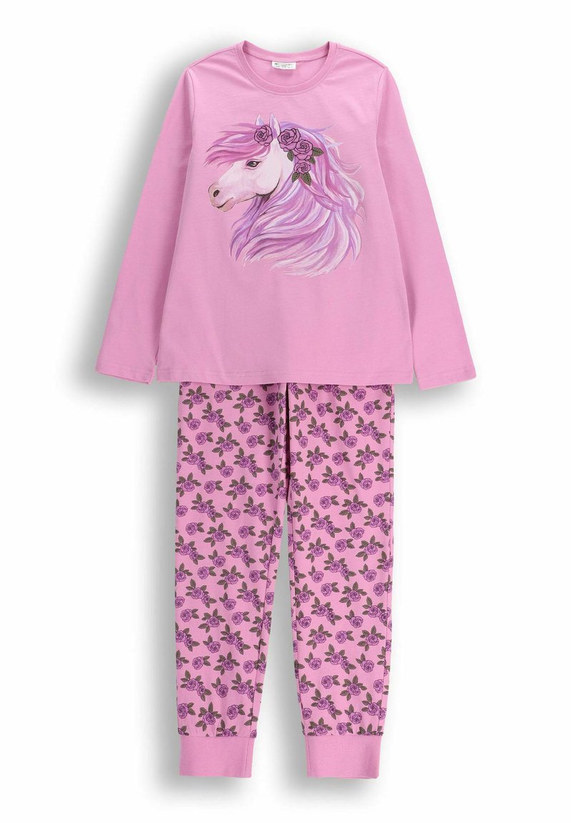 Różowy komplet piżam z długim rękawem z głową jednorożca i różami na górze, pasujące spodnie pokryte wzorem fioletowych róż z zielonymi liśćmi.
