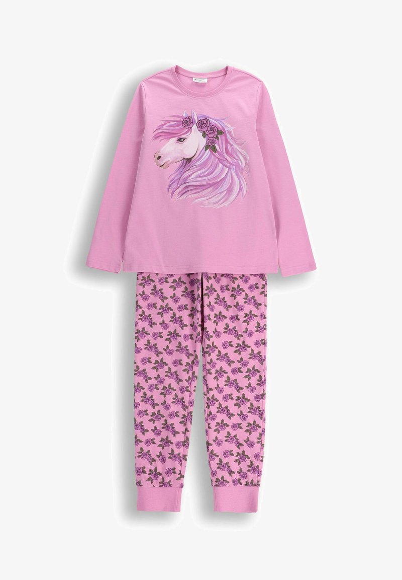 Różowy komplet piżam z długim rękawem z głową jednorożca i różami na górze, pasujące spodnie pokryte wzorem fioletowych róż z zielonymi liśćmi.