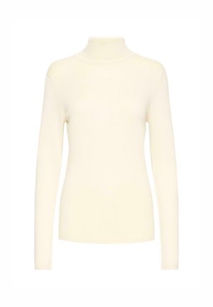Maglione dolcevita color crema a maniche lunghe con silhouette aderente, mostrato su uno sfondo bianco uniforme.