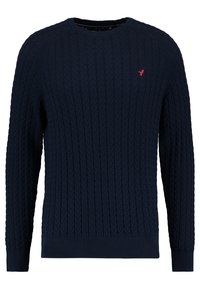 Sweater tricoté bleu marine avec un motif torsadé, col rond et poignets et ourlet côtelés. Présente un petit logo rouge sur la poitrine.
