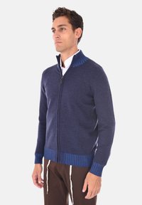 Maglione blu navy con zip, con accenti a coste blu sul colletto e sui polsini. Presenta una texture liscia e un design aderente. Indossato sopra una camicia bianca.