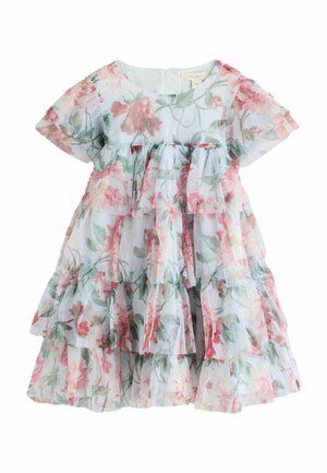 Kurzärmliges Kleid für Kleinkinder mit gestuften Rüschen und einem weißen Grund mit rosa und grünen Blumenmustern.