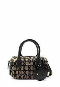Borsa a mano nera e beige con motivo, dotata di due manici corti, hardware dorato e un'etichetta rotonda. Tessuto testurizzato con chiusura a zip.