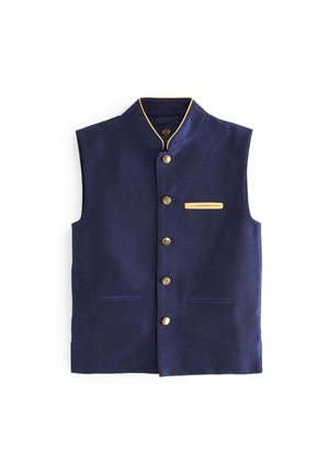 Veste sans manches bleu marine avec des boutons dorés, une poche bordée d’or et un col mandarin avec un passepoil doré.