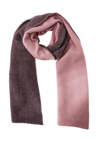 Sciarpa lavorata a maglia con design bicolore: grigio scuro a un'estremità, rosa chiaro dall'altra. La costina testurizzata aggiunge interesse visivo.