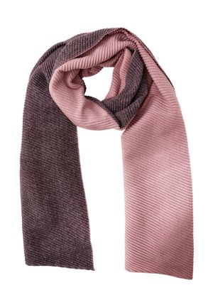 Bufanda de punto con diseño bicolor: gris oscuro en un extremo y rosa claro en el otro. El relieve texturizado añade interés visual.