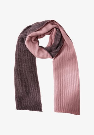 Sciarpa lavorata a maglia con design bicolore: grigio scuro a un'estremità, rosa chiaro dall'altra. La costina testurizzata aggiunge interesse visivo.