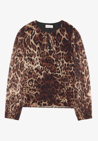 Blouse en imprimé léopard avec manches longues, col cravaté, tissu transparent, tons marron et beige, présentant un col rond et une texture lisse.