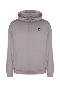 Felpa grigia con cappuccio, coulisse, tasche laterali con zip e un piccolo logo quadrato sul petto. Tessuto liscio e vestibilità comoda.