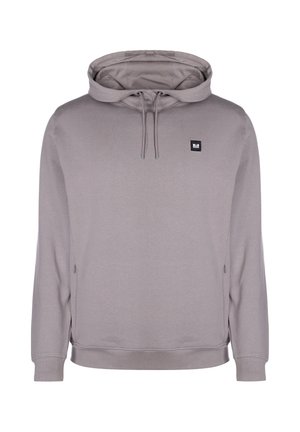 Felpa grigia con cappuccio, coulisse, tasche laterali con zip e un piccolo logo quadrato sul petto. Tessuto liscio e vestibilità comoda.