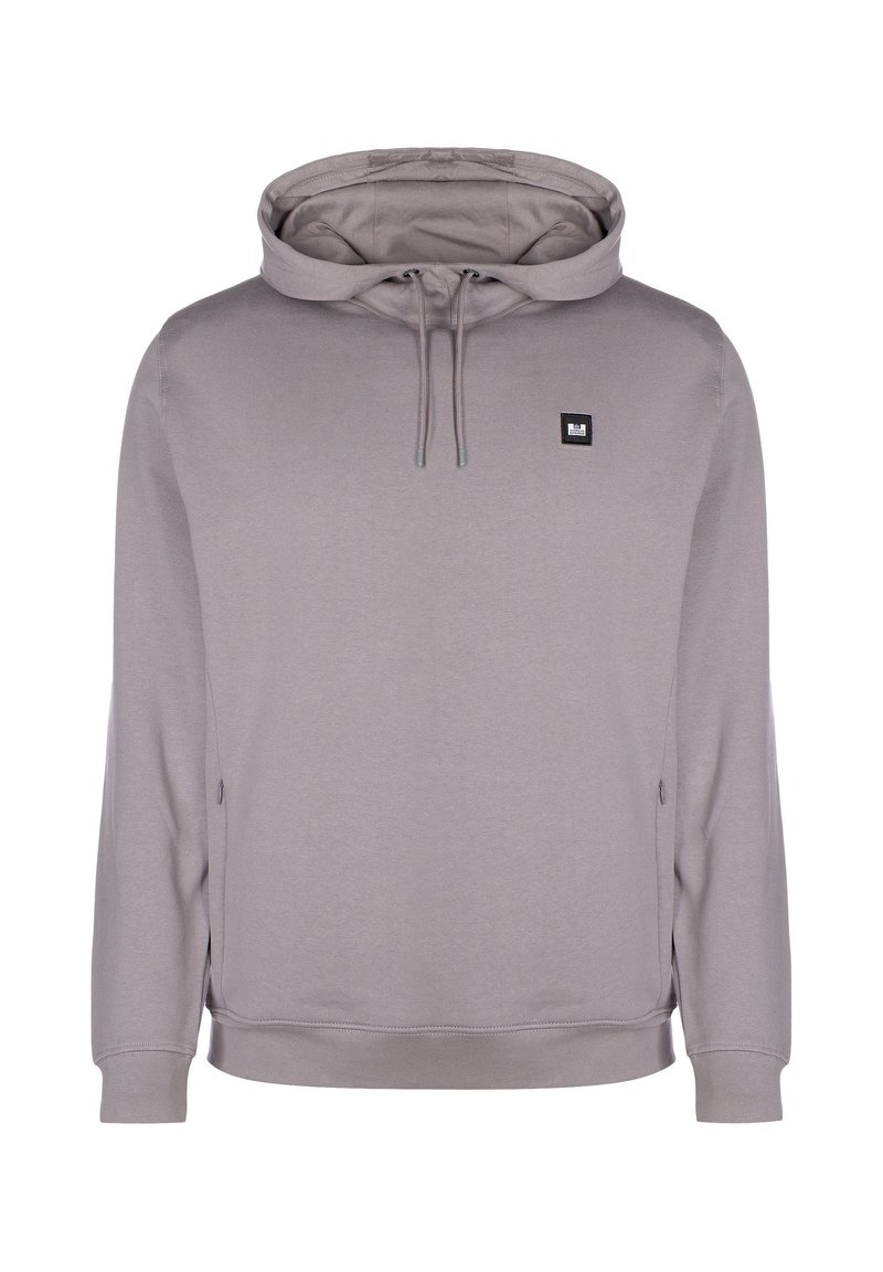 Felpa grigia con cappuccio, coulisse, tasche laterali con zip e un piccolo logo quadrato sul petto. Tessuto liscio e vestibilità comoda.