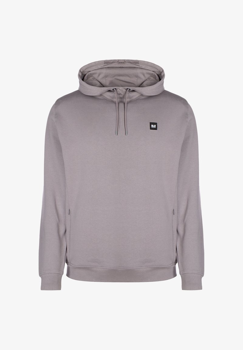 Felpa grigia con cappuccio, coulisse, tasche laterali con zip e un piccolo logo quadrato sul petto. Tessuto liscio e vestibilità comoda.