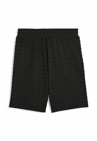 Pantaloni scurți sport negri, cu un tiv elastic, un model subtil cu dungi și o textură de stofă ușoară.