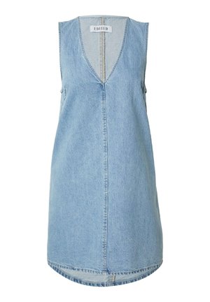 Sleeveless light blue denim dress with V-neck and center seam, slightly curved hem, and "EDITED" label inside collar.