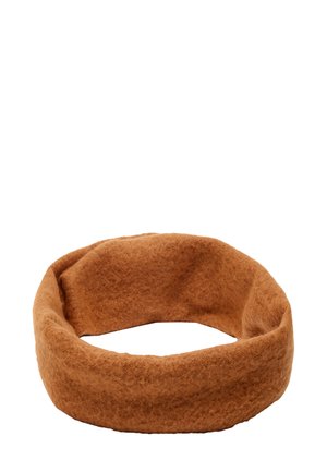 Brązowy filcowy opaska na głowę, okrągły kształt o miękkiej teksturze. Materiał wydaje się gruby i przytulny, z gładką powierzchnią bez ozdób.