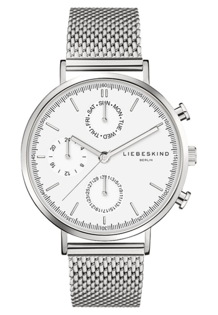 Orologio in acciaio inossidabile argento con quadrante bianco, dotato di sottoquadranti per giorno e data, bracciale in maglia e indicatori delle ore minimalisti.