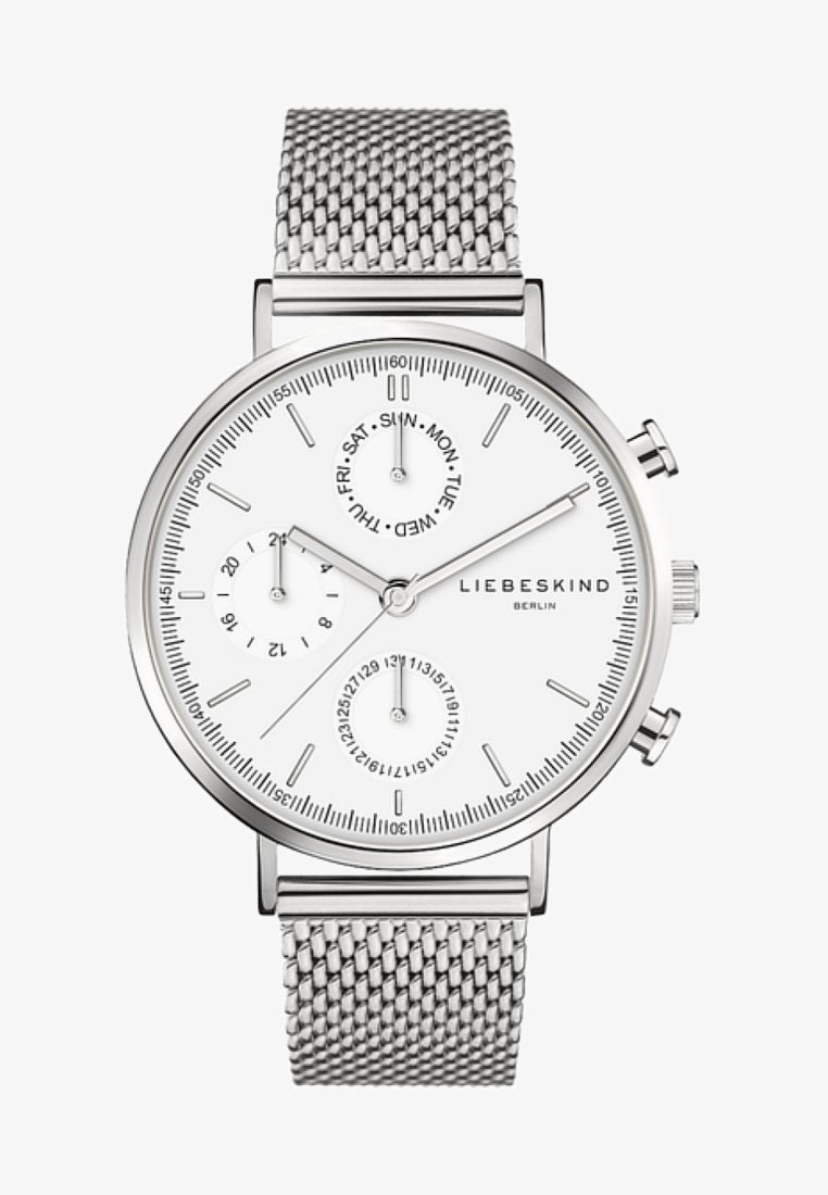 Orologio in acciaio inossidabile argento con quadrante bianco, dotato di sottoquadranti per giorno e data, bracciale in maglia e indicatori delle ore minimalisti.