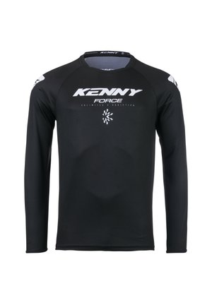 T-shirt de sport noir à manches longues avec "KENNY FORCE" et un logo blanc sur la poitrine ainsi que des accents blancs sur les épaules.