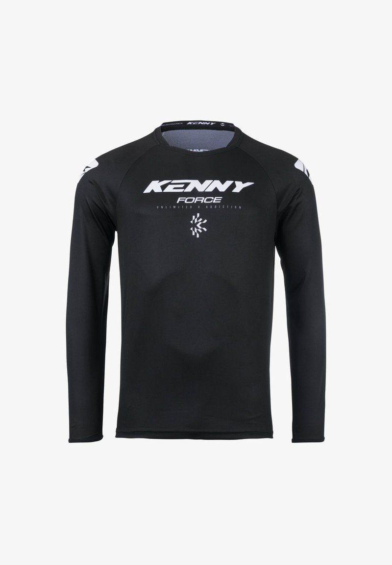 T-shirt de sport noir à manches longues avec "KENNY FORCE" et un logo blanc sur la poitrine ainsi que des accents blancs sur les épaules.