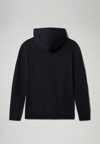 Felpa con cappuccio di un blu navy scuro, presenta una tasca a marsupio, polsini e orlo a costine, texture liscia, design semplice, senza loghi visibili.