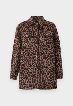 Leopardmønster skjortejakke i brune og svarte toner, med krage, to frontlommer og knappelukking. Myk stoff med en avslappet passform.