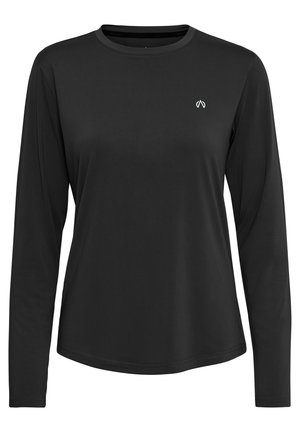 Chemise noire à manches longues en tissu lisse, avec un col rond et un petit logo blanc sur le côté gauche de la poitrine.
