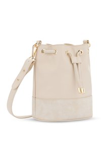 Beige vödör táska arany színű szerelvényekkel, sima bőr és velúr textúrák keverékével, állítható pánttal és húzózsinóros záródással.