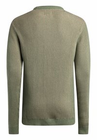 Olivgrüner, gestrickter Pullover mit gerippter Textur, Rundhalsausschnitt und langen Ärmeln. Der Pullover hat einen taillierten Saum und Bündchen.