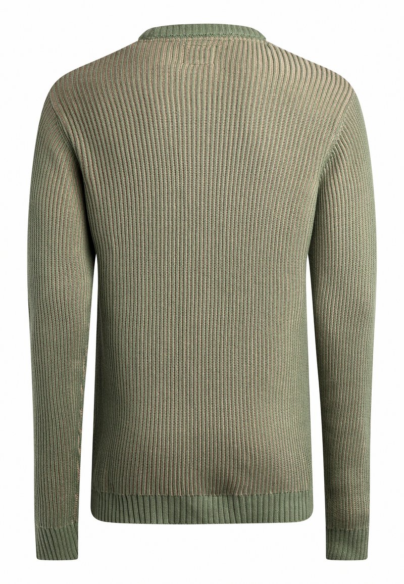 Maglione in verde oliva a maglia con texture a coste, scollatura a girocollo e maniche lunghe. Il maglione presenta un orlo e dei polsini aderenti.