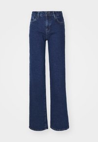 Breddebenede jeans i mørkeblå denim. Funksjoner inkluderer høy midje, fem lommer og subtil falming foran. Ren kant med ingen ytterligere detaljer.