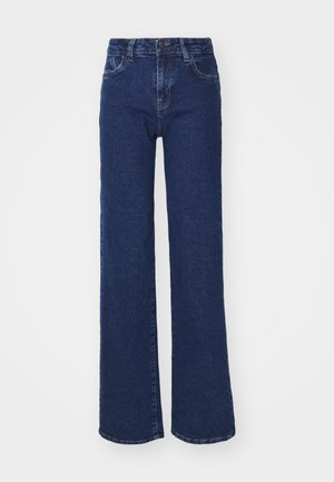 Jean wide-leg en denim bleu foncé. Les caractéristiques incluent une taille haute, cinq poches et un léger délavage à l'avant. Ourlet propre sans détails supplémentaires.