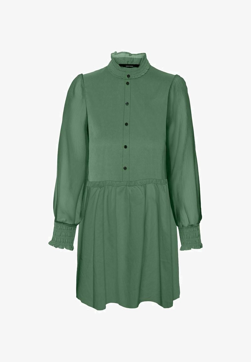 Zielona, długa sukienka z długim rękawem, falbaniastym dekoltem, zapięciem na guziki, elastycznymi mankietami i rozkloszowanym dołem. Wykonana z gładkiego materiału.