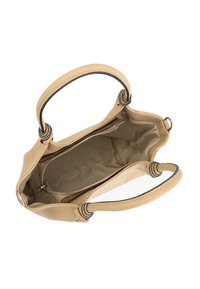 Pruuninahast käekott topeltkäepidemetega, avatud põhiosa ja lukuga sisetasku, vaadeldud ülalt valgel taustal.