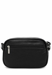 Black leather crossbody bag with a textured finish. Features a front zip pocket and a silver hardware accent. Compact rectangular design.