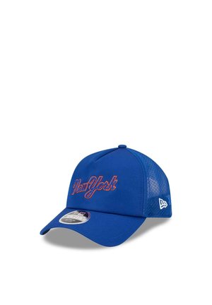 Blue baseball cap with "New York" embroidered in orange on front and a mesh back panel, displayed on a white background.